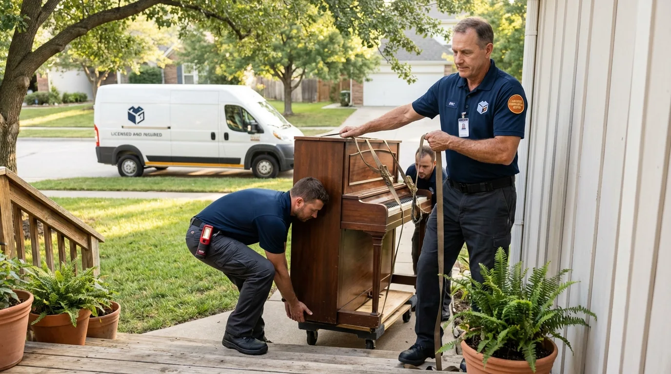 Licensed piano movers securing grand piano in Eastpointe, MI