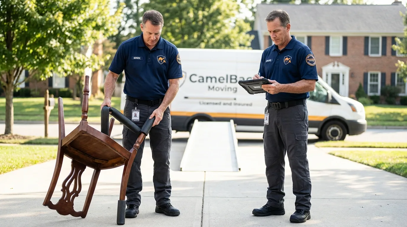 Movers inspecting furniture for damage prevention before loading in Eastpointe, MI