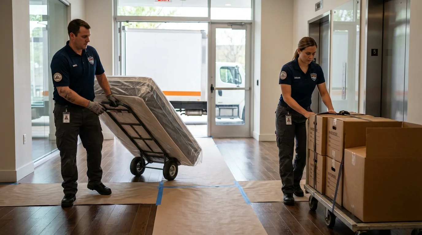 Professional apartment movers loading elevator in Eastpointe, MI