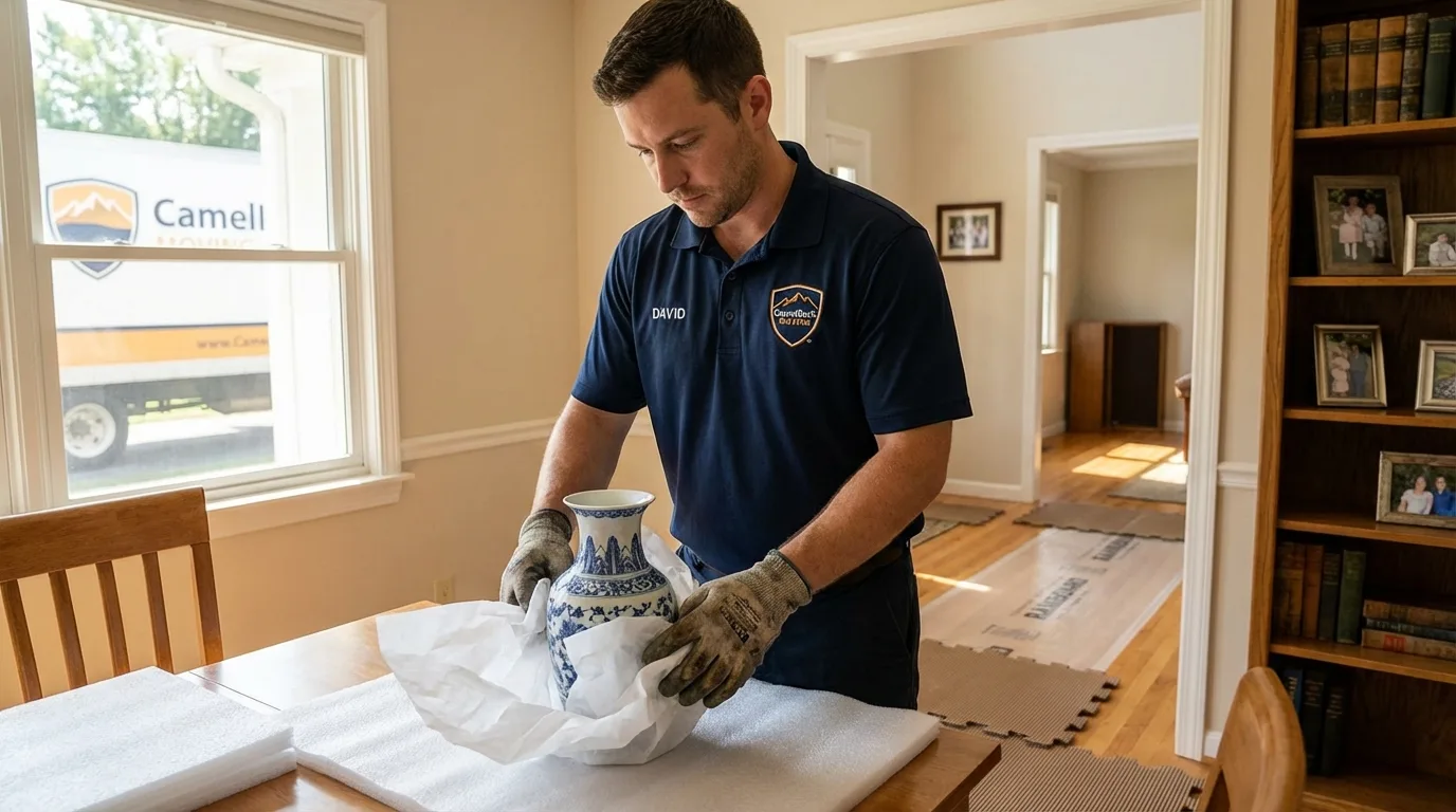 Professional crew carefully wrapping antique vase for senior downsizing move in Eastpointe, MI